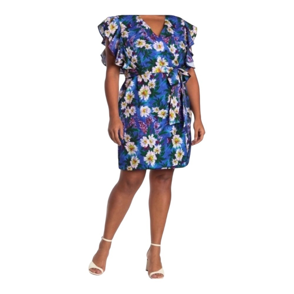 Alexia Admor Blue Painted Daisy Floral Ruffle Sleeve V-neck Wrap Dress Sz 2X